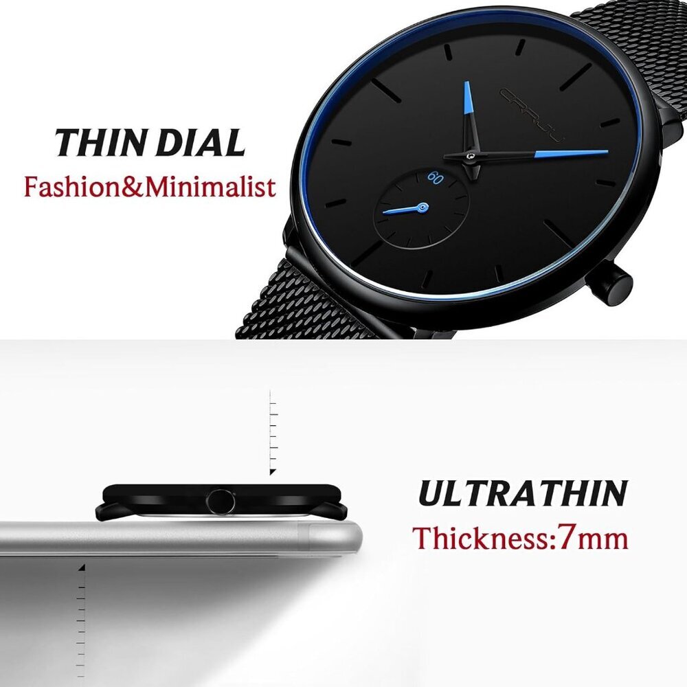 Men's Navy Blue Ultra-Thin Minimal Waterproof Stainless Steel Mesh Band Watch - Picture 6 of 6